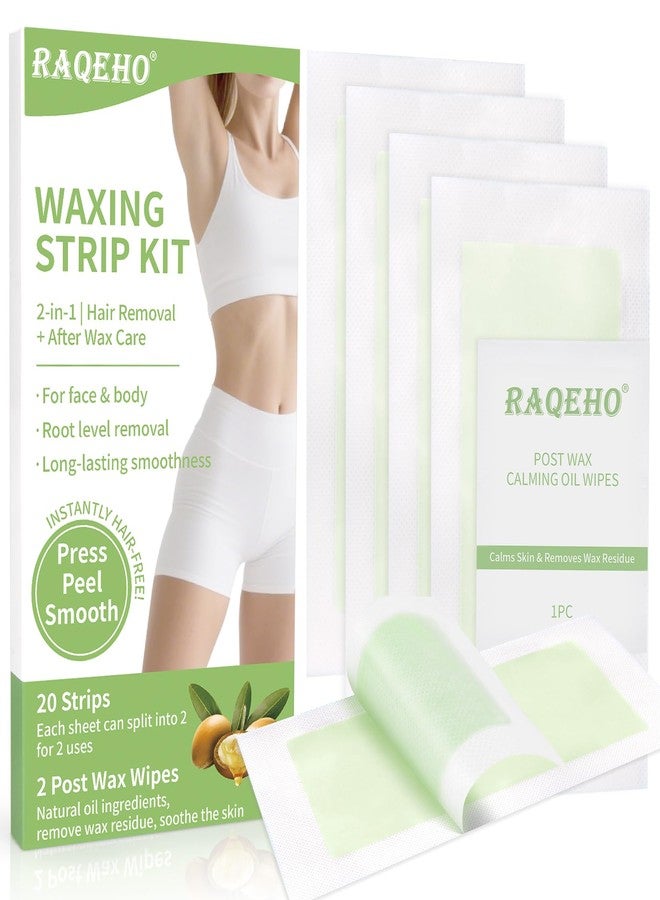 RAQEHO Wax Strips for Hair Removal - At Home Waxing Kit For Women Men Includes 20 Double Sided Large Strips and 2 Post Wax Wipes for Face Body Bikini Lip Arm Leg Armpit Mustache All Skin Hair Remover - Image 1